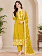 Mustard Floral Embroidered Kurti Set with Dupatta - Image 2