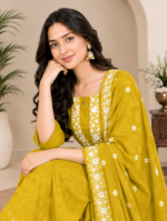 Mustard Floral Embroidered Kurti Set with Dupatta
