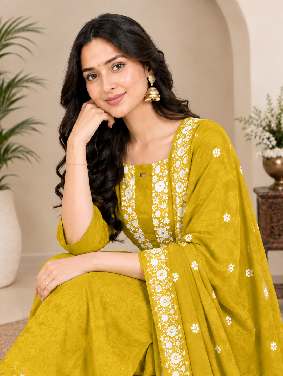 ChatGPT Image Oct 7, 2026, 12_25_10 AM Mustard Floral Embroidered Kurti Set with Dupatta - Image 1
