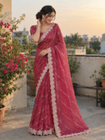 Wine Pink Organza Saree with Intricate Lace Border - Image 2