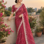 Wine Pink Organza Saree with Intricate Lace Border