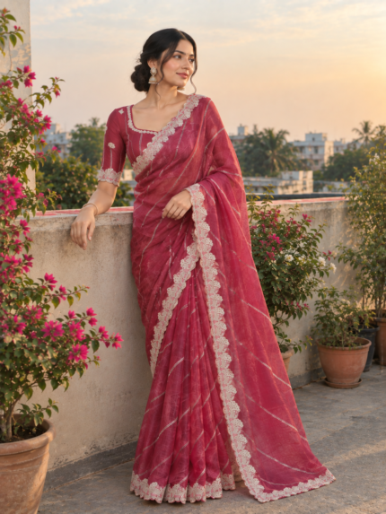 Wine Pink Organza Saree with Intricate Lace Border