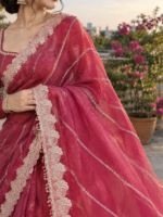 Wine Pink Organza Saree with Intricate Lace Border - Image 3