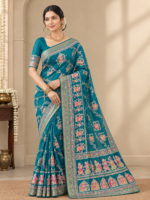 Turquoise Blue Kalamkari Saree