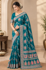 Turquoise Blue Kalamkari Saree - Image 2