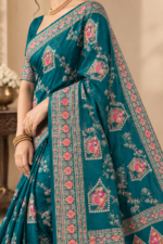 Turquoise Blue Kalamkari Saree - Image 3
