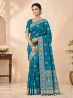 Teal Blue Traditional Saree - Image 3