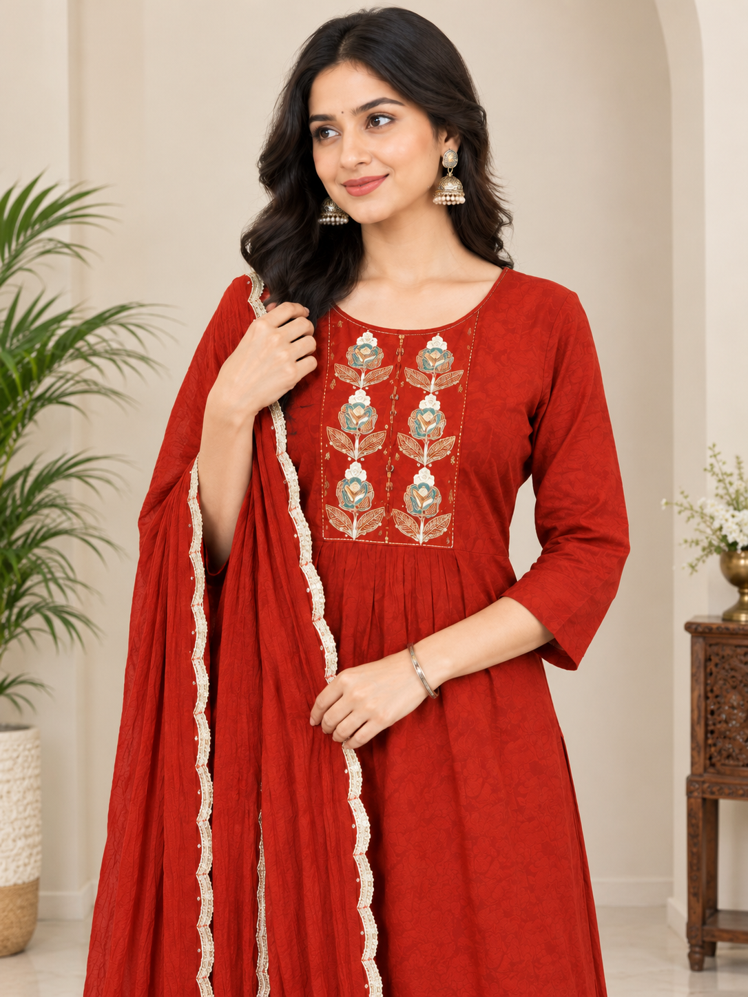 Elegant Maroon Ethnic Portrait Rust Red Embroidered Kurti - Image 1